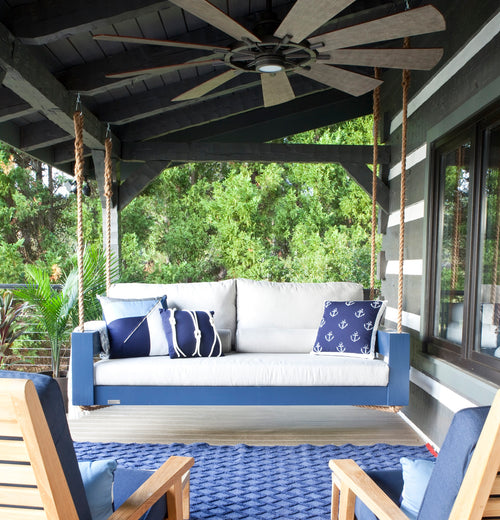 Twin size avalon swing painted in Naval blue with cushion package 3 in sunbrella action ash