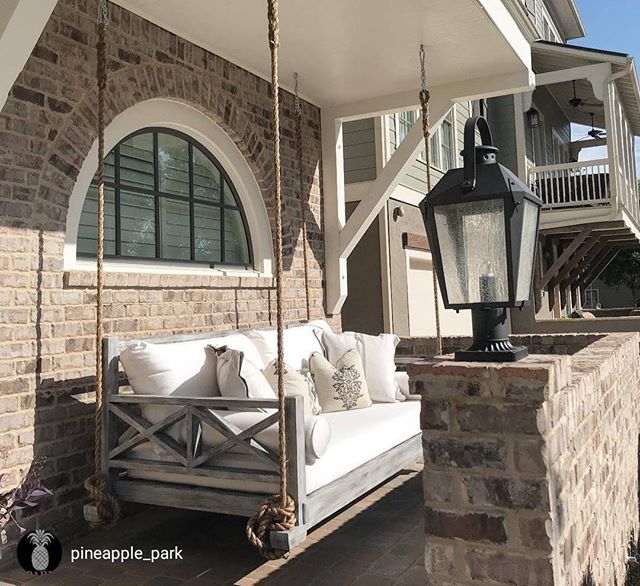 Our Westhaven Twin With Canvas Natural Cushions. Turned Out Great! #fouroakbedswings #hangingbed #porchswing #frontporch #woodstockga #interiordesign #outdoorliving