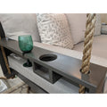 avalon swing painted urban bronze with cup and wine holder and sunbrella outdoor cushions in Action ash